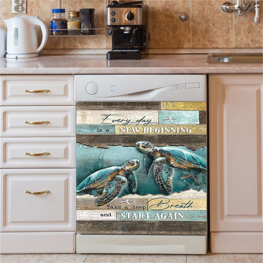 Every Day Is A New Beginning Sea Turtle Deep Ocean White Starfish Dishwasher Cover, Christian Dishwasher Magnet Cover