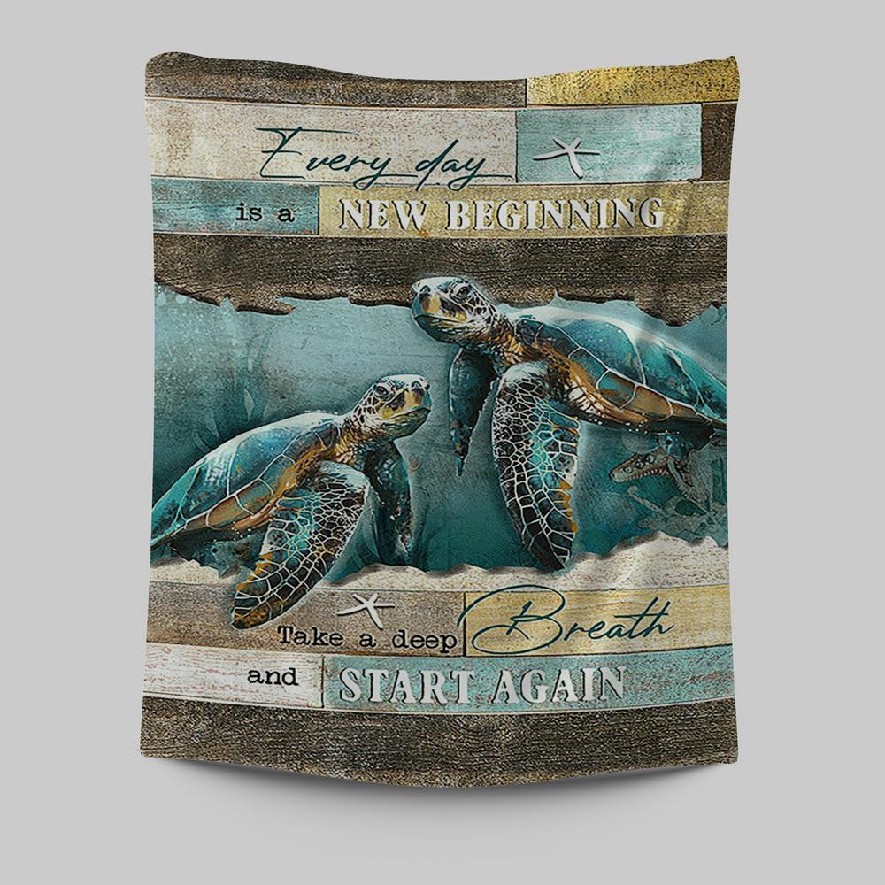Every Day Is A New Beginning Sea Turtle Deep Ocean White Starfish Tapestry Wall Art - Christian Tapestries Prints