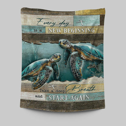 Every Day Is A New Beginning Sea Turtle Deep Ocean White Starfish Tapestry Wall Art - Christian Tapestries Prints