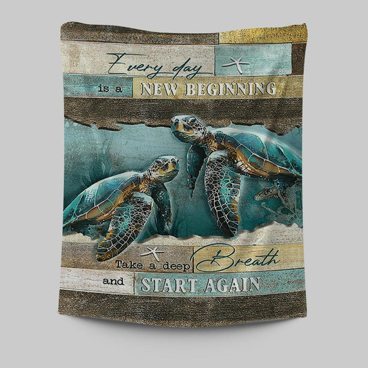 Every Day Is A New Beginning Sea Turtle Deep Ocean White Starfish Tapestry Wall Art - Christian Tapestries Prints