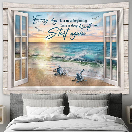 Every Day Is A New Beginning Sea Turtles Seagull Tapestry Wall Art - Bible Verse Tapestry - Religious Tapestry Wall Hanging