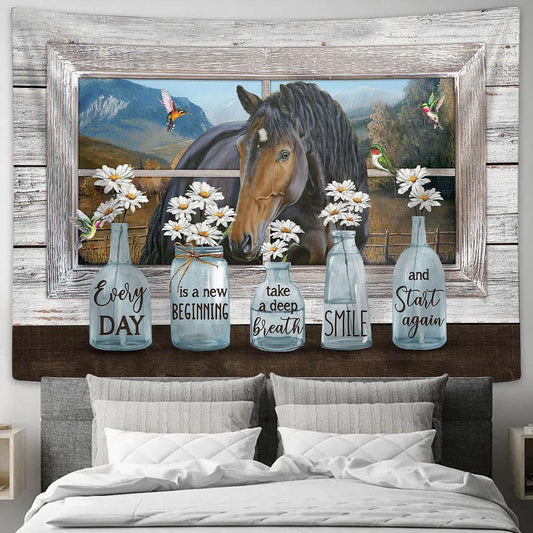 Every Day Is A New Beginning Tapestry - Baby Daisy Vase Quarter Horse Hummingbird Tapestry Wall Art - Religious Tapestry Wall Hanging