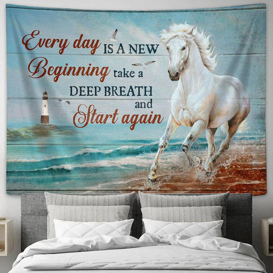 Every Day Is A New Beginning Tapestry - Blue Ocean, Running Horse, Lighthouse Wall Art Tapestry - Christian Wall Art - Religious Art