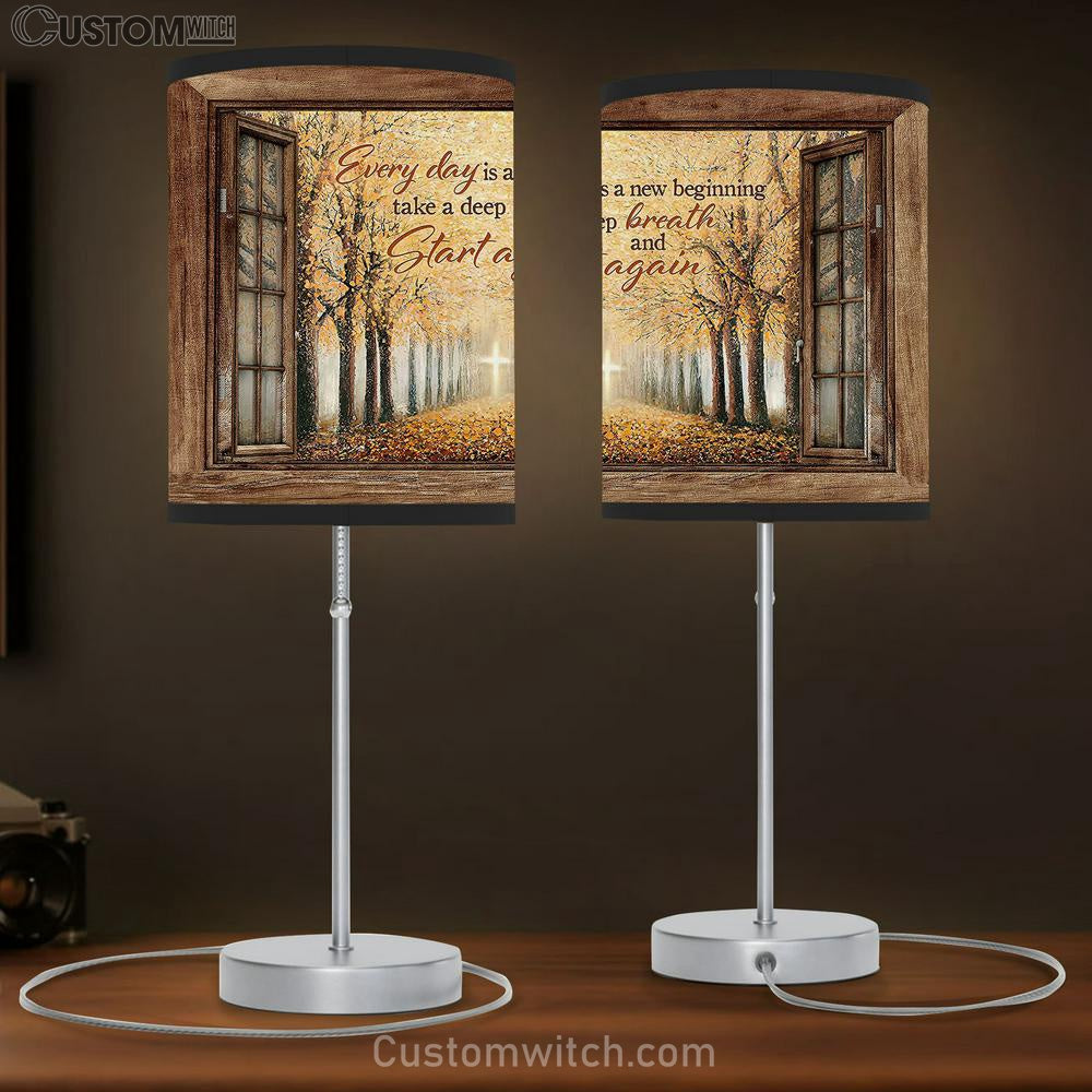 Every Day Is A New Beginning Yellow Leaf Golden Cross Table Lamb Gift - Bible Verse Table Lamb - Religious Bedroom Decor