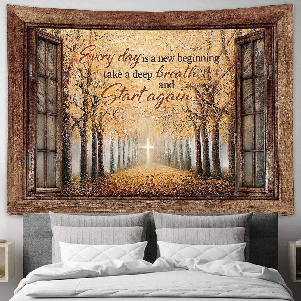 Every Day Is A New Beginning Yellow Leaf Golden Cross Tapestry Wall Art - Bible Verse Tapestry - Religious Tapestry Wall Hanging