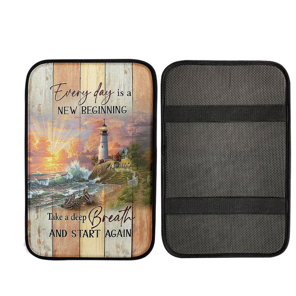Every Day Is New Beginning Sunset Sea Turtle Lighthouse Car Center Console Cover, Christian Car Armrest Accessories