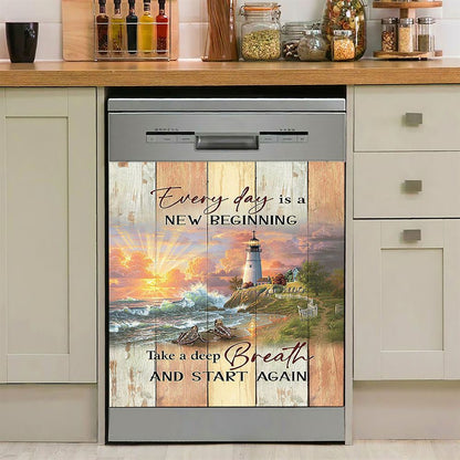Every Day Is New Beginning Sunset Sea Turtle Lighthouse Dishwasher Cover, Christian Dishwasher Magnet Cover, Bible Verse Kitchen Decor