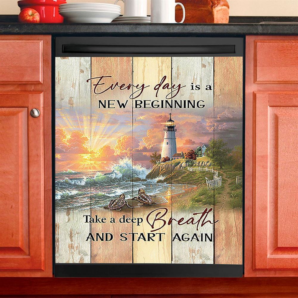 Every Day Is New Beginning Sunset Sea Turtle Lighthouse Dishwasher Cover, Christian Dishwasher Magnet Cover, Bible Verse Kitchen Decor