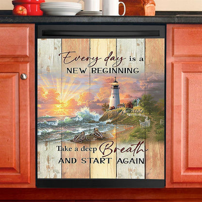 Every Day Is New Beginning Sunset Sea Turtle Lighthouse Dishwasher Cover, Christian Dishwasher Magnet Cover, Bible Verse Kitchen Decor