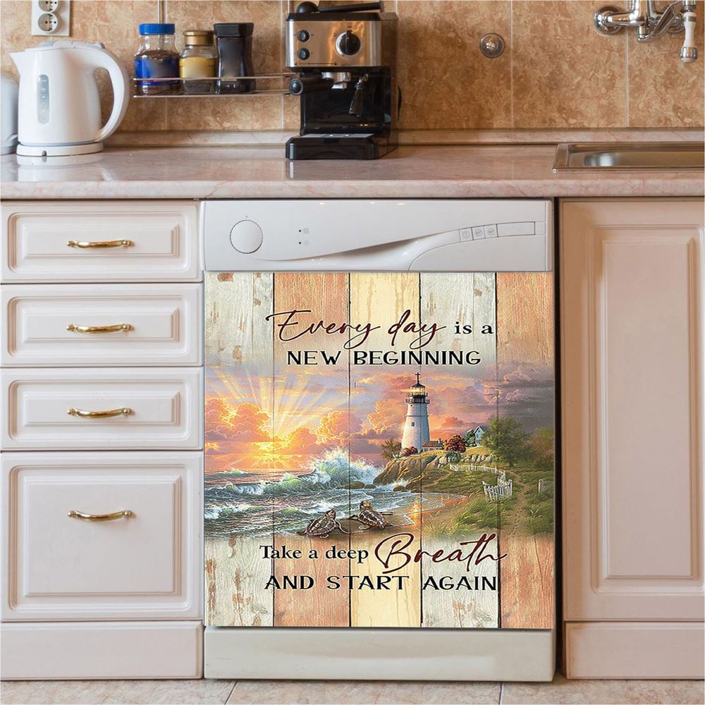 Every Day Is New Beginning Sunset Sea Turtle Lighthouse Dishwasher Cover, Christian Dishwasher Magnet Cover, Bible Verse Kitchen Decor