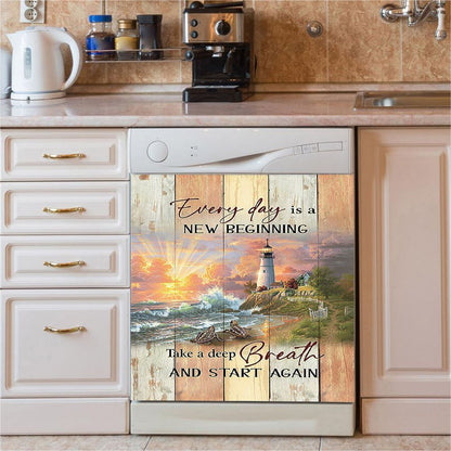 Every Day Is New Beginning Sunset Sea Turtle Lighthouse Dishwasher Cover, Christian Dishwasher Magnet Cover, Bible Verse Kitchen Decor