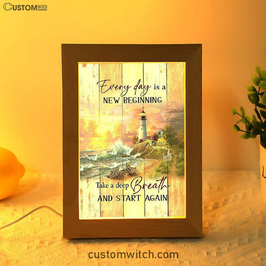 Every Day Is New Beginning Sunset Sea Turtle Lighthouse Frame Lamp Art - Christian Night Light - Bible Verse Wooden Lamp