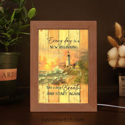 Every Day Is New Beginning Sunset Sea Turtle Lighthouse Frame Lamp Art - Christian Night Light - Bible Verse Wooden Lamp