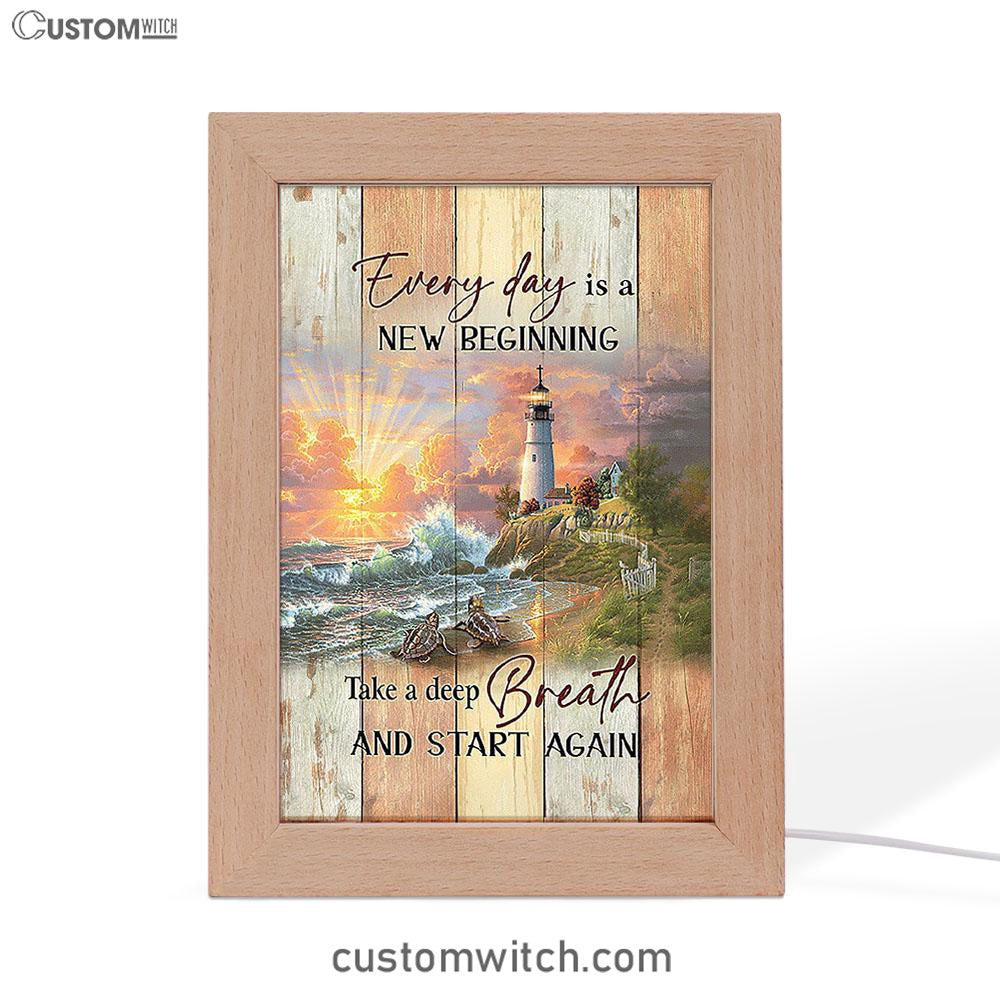 Every Day Is New Beginning Sunset Sea Turtle Lighthouse Frame Lamp Art - Christian Night Light - Bible Verse Wooden Lamp