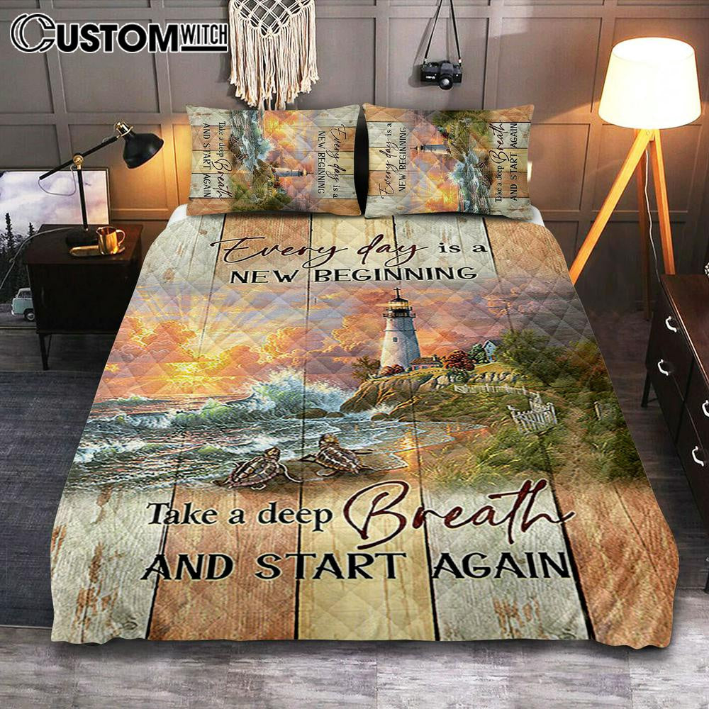 Every Day Is New Beginning Sunset Sea Turtle Lighthouse Quilt Bedding Set Bedroom - Christian Quilt Bedding Set Prints - Bible Verse Quilt Bedding Set Art