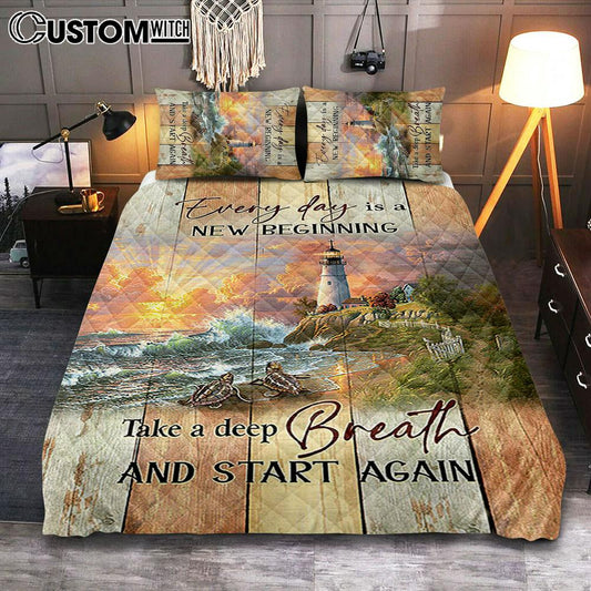 Every Day Is New Beginning Sunset Sea Turtle Lighthouse Quilt Bedding Set Bedroom - Christian Quilt Bedding Set Prints - Bible Verse Quilt Bedding Set Art