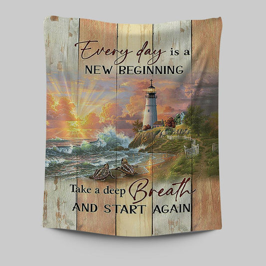 Every Day Is New Beginning Sunset Sea Turtle Lighthouse Tapestry Wall Art - Christian Tapestries Prints - Bible Verse Tapestry Art