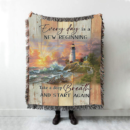 Every Day Is New Beginning Sunset Sea Turtle Lighthouse Woven Throw Blanket - Christian Woven Blanket Prints - Bible Verse Woven Blanket Art