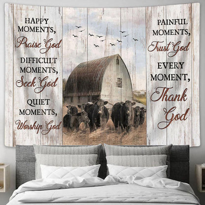 Every Moment Thank God Aberdeen Angus Tranquil Farm Tapestry Wall Art - Bible Verse Tapestry - Religious Tapestry Wall Hanging