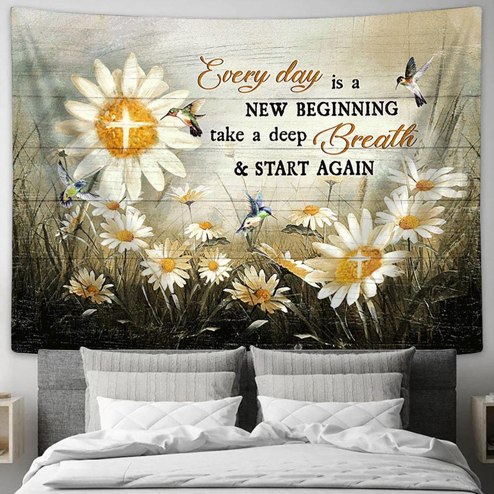 Every day is a new beginning Brilliant daisy field hummingbird Tapestry Wall Art - Bible Verse Tapestry - Religious Tapestry Wall Hanging