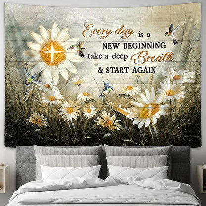 Every day is a new beginning Brilliant daisy field hummingbird Tapestry Wall Art - Bible Verse Tapestry - Religious Tapestry Wall Hanging