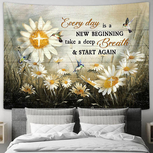 Every day is a new beginning Brilliant daisy field hummingbird Tapestry Wall Art - Bible Verse Tapestry - Religious Tapestry Wall Hanging