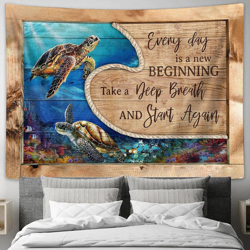 Every day is a new beginning Sea turtle Tapestry Wall Art - Bible Verse Tapestry - Religious Tapestry Wall Hanging