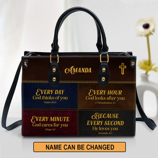 Everyday God Thinks Of You Leather Bag, Personalized Leather Bag With Handle For Christian Women