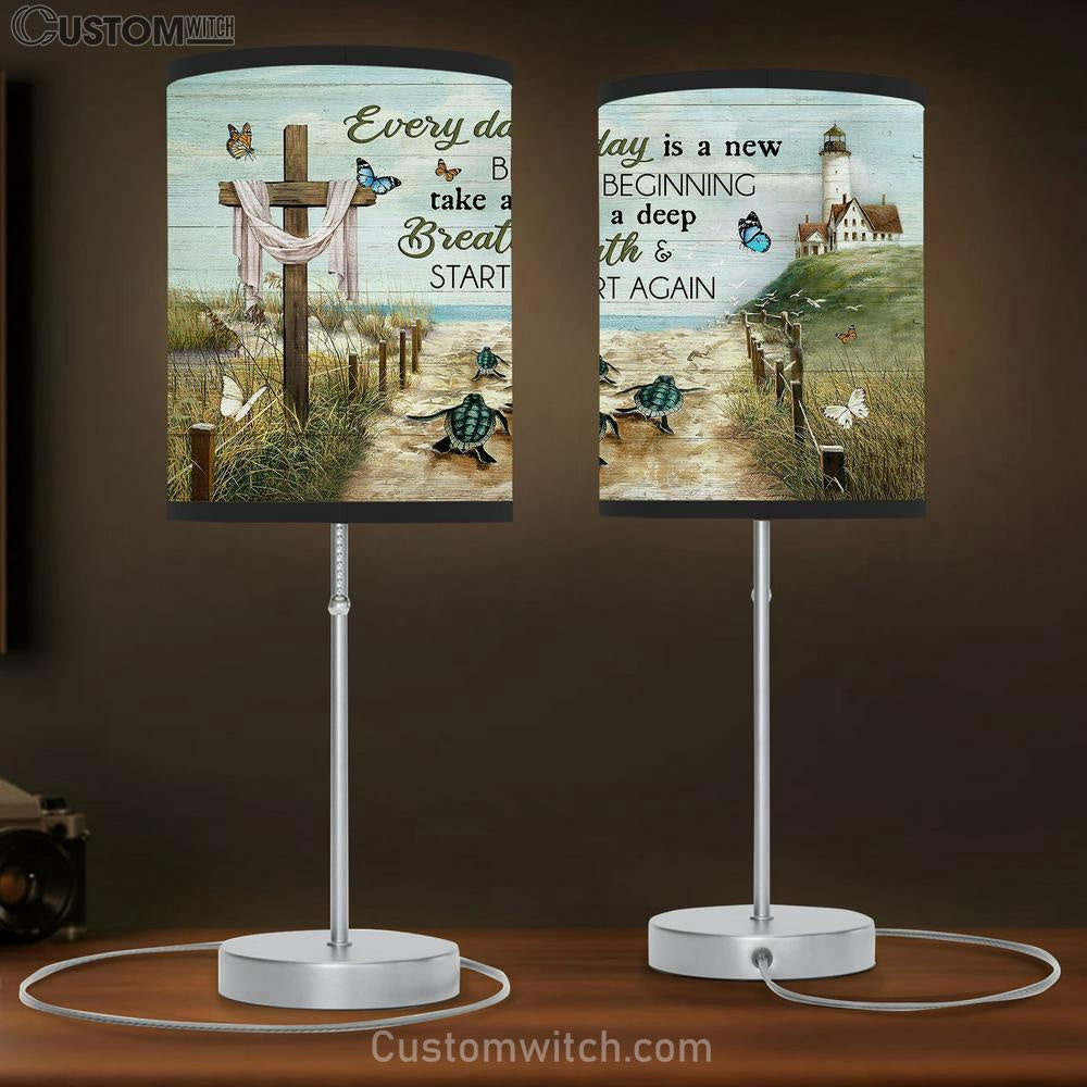Everyday Is A New Beginning Beach Sand Sea Turtle Lighthouse Table Lamb Gift - Bible Verse Table Lamb - Religious Bedroom Decor