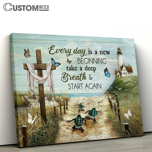 Everyday Is A New Beginning Beach Sand Sea Turtle Lighthouse Canvas Wall Art - Bible Verse Canvas - Religious Prints
