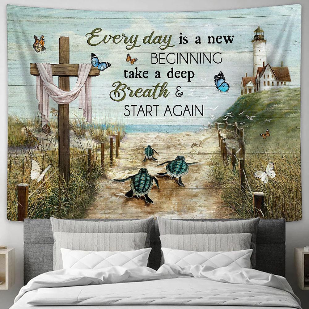 Everyday Is A New Beginning Beach Sand Sea Turtle Lighthouse Tapestry Wall Art - Bible Verse Tapestry - Religious Tapestry Wall Hanging