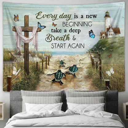 Everyday Is A New Beginning Beach Sand Sea Turtle Lighthouse Tapestry Wall Art - Bible Verse Tapestry - Religious Tapestry Wall Hanging