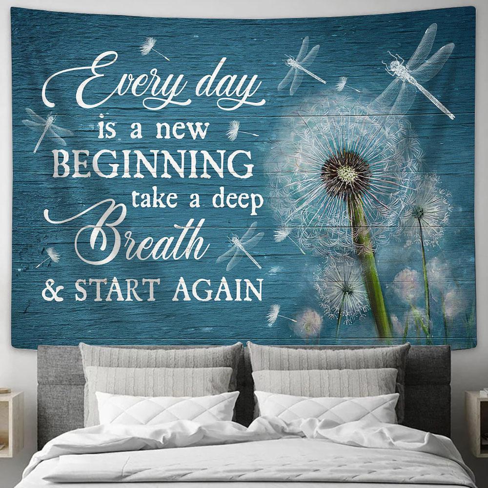 Everyday Is A New Beginning Dandelion Dragonfly Tapestry Wall Art - Bible Verse Tapestry - Religious Tapestry Wall Hanging