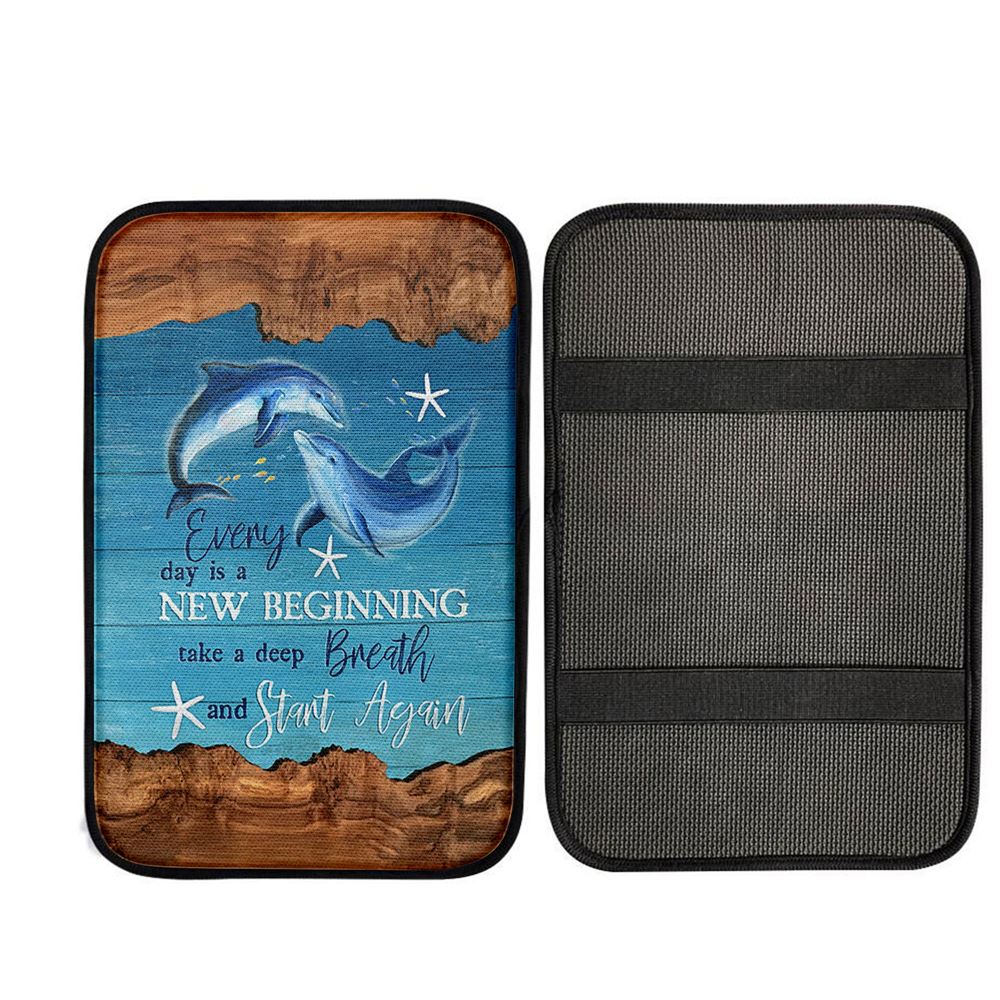 Everyday Is A New Beginning Dolphin Blue Ocean Car Center Console Cover, Christian Car Armrest Accessories