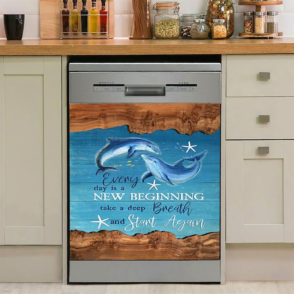 Everyday Is A New Beginning Dolphin Blue Ocean Dishwasher Cover, Bible Verse Dishwasher Magnet Cover, Christian Inspirational Kitchen Decor