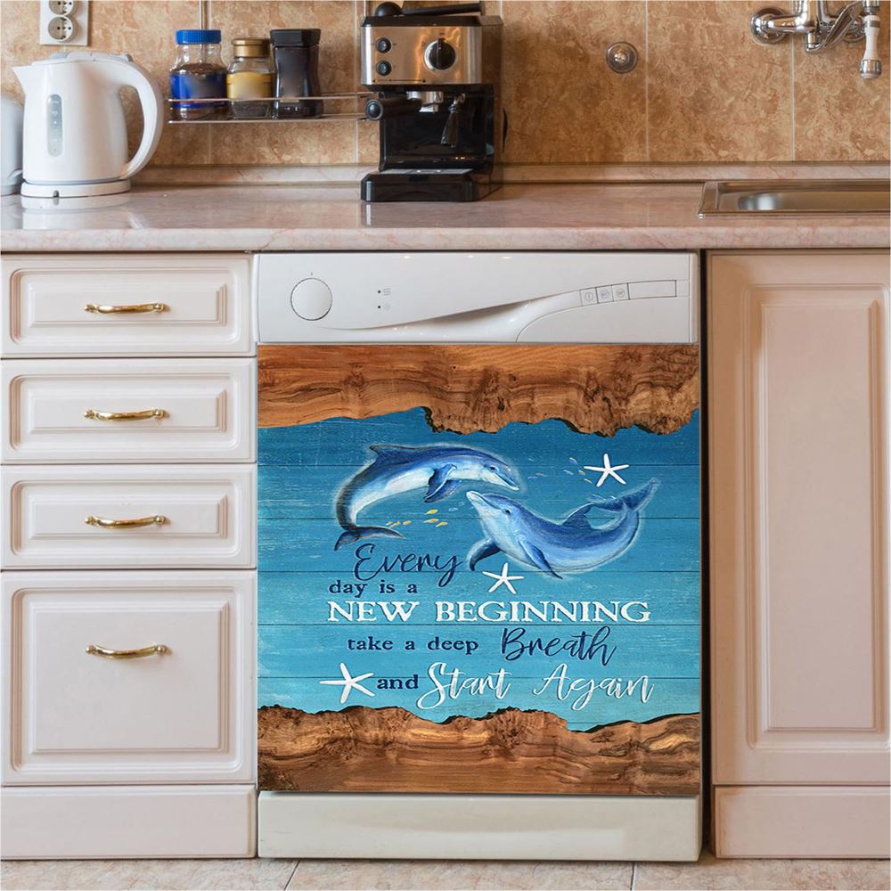 Everyday Is A New Beginning Dolphin Blue Ocean Dishwasher Cover, Bible Verse Dishwasher Magnet Cover, Christian Inspirational Kitchen Decor