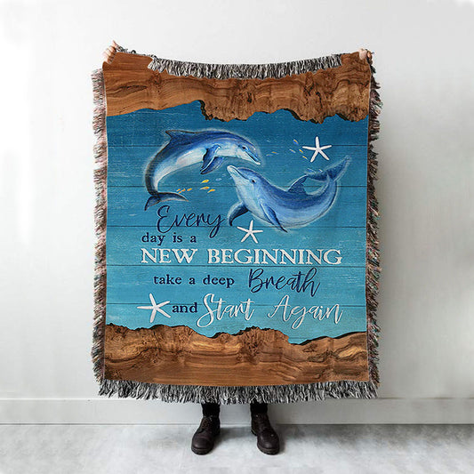 Everyday Is A New Beginning Dolphin Blue Ocean Woven Blanket Art - Bible Verse Throw Blanket - Christian Inspirational Boho Blanket