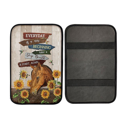Everyday Is A New Beginning Horse Sunflower Garden Hummingbird Car Center Console Cover, Christian Car Armrest Accessories