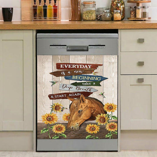 Everyday Is A New Beginning Horse Sunflower Garden Hummingbird Dishwasher Cover, Christian Dishwasher Magnet Cover