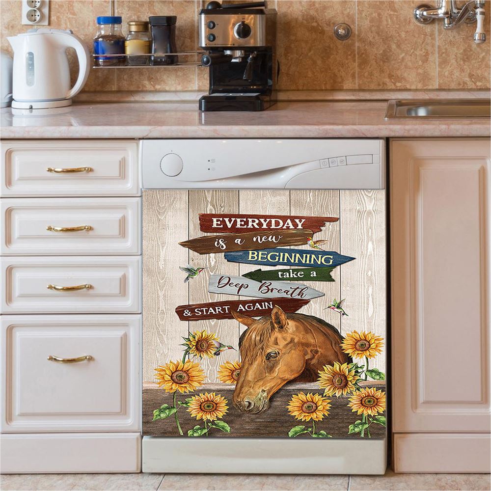 Everyday Is A New Beginning Horse Sunflower Garden Hummingbird Dishwasher Cover, Christian Dishwasher Magnet Cover