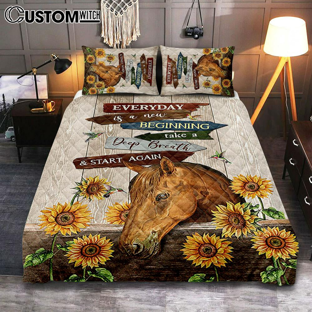 Everyday Is A New Beginning Horse Sunflower Garden Hummingbird Quilt Bedding Set Bedroom - Christian Quilt Bedding Set Prints