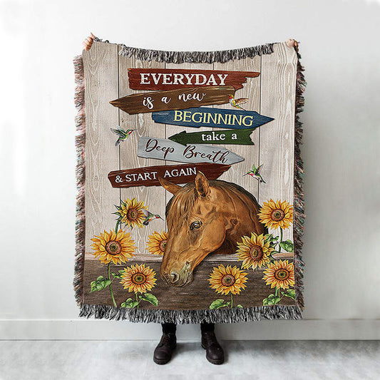 Everyday Is A New Beginning Horse Sunflower Garden Hummingbird Woven Throw Blanket - Christian Woven Blanket Prints