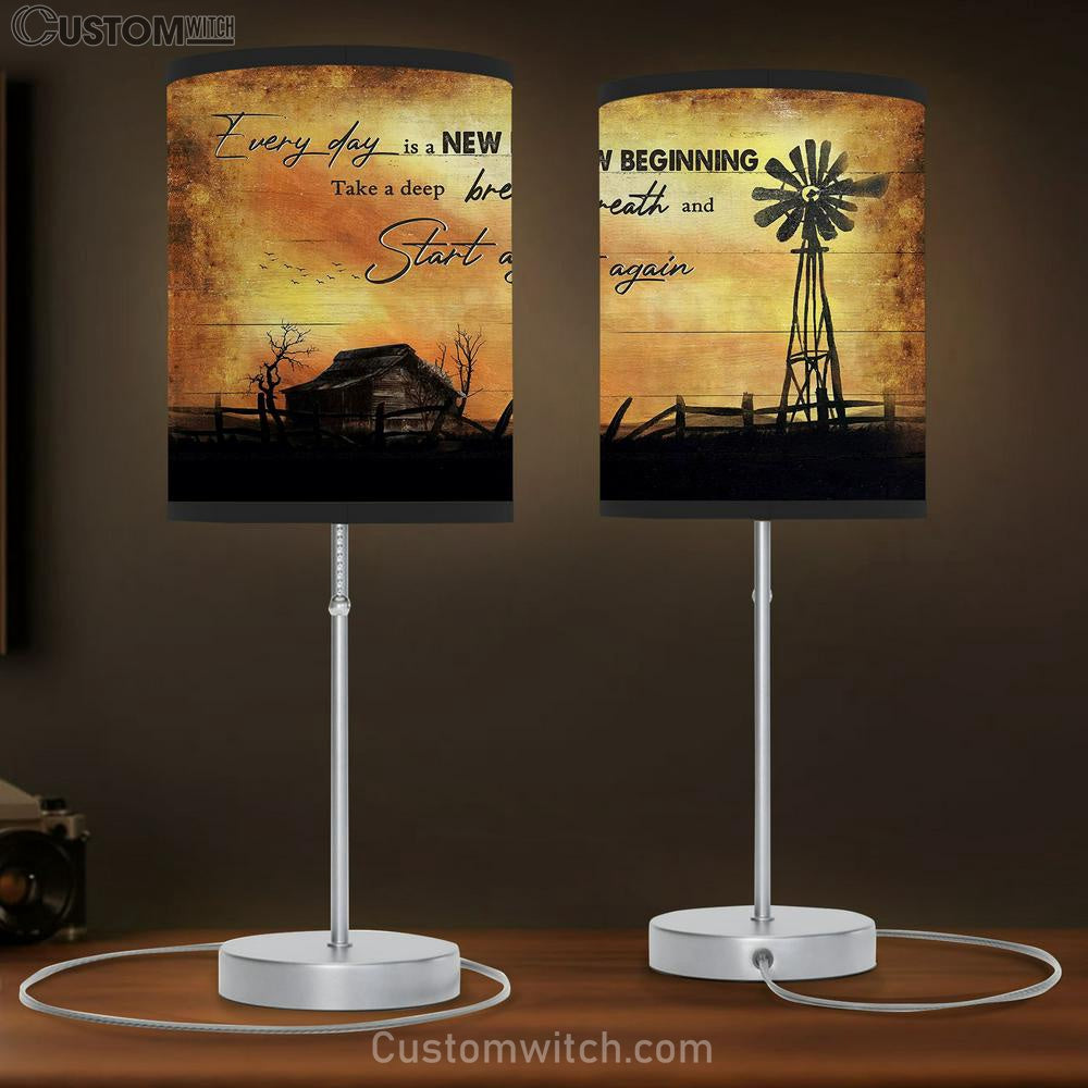Everyday Is A New Beginning Old Barn Windmill Sunset Large Table Lamb - Christian Lamb Gift - Bible Verse Table Lamb Art