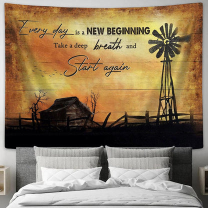 Everyday Is A New Beginning Old Barn Windmill Sunset Large Tapestry - Christian Wall Art - Bible Verse Tapestry Art