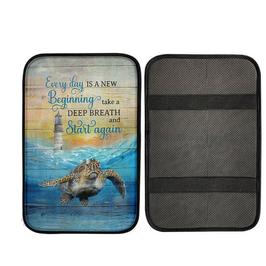 Everyday Is A New Beginning Sea Turtle Lighthouse Blue Ocean Car Center Console Cover, Christian Car Armrest Accessories