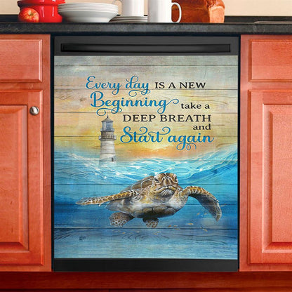 Everyday Is A New Beginning Sea Turtle Lighthouse Blue Ocean Dishwasher Cover, Christian Dishwasher Magnet Cover, Bible Verse Kitchen Decor
