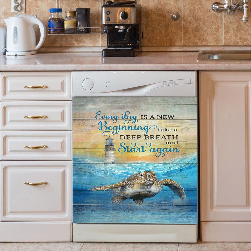 Everyday Is A New Beginning Sea Turtle Lighthouse Blue Ocean Dishwasher Cover, Christian Dishwasher Magnet Cover, Bible Verse Kitchen Decor