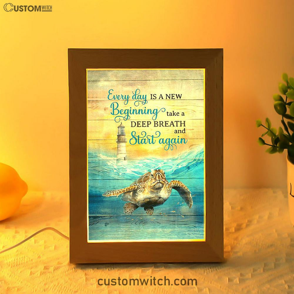 Everyday Is A New Beginning Sea Turtle Lighthouse Blue Ocean Frame Lamp Art - Christian Night Light - Bible Verse Wooden Lamp