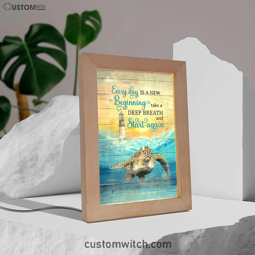 Everyday Is A New Beginning Sea Turtle Lighthouse Blue Ocean Frame Lamp Art - Christian Night Light - Bible Verse Wooden Lamp