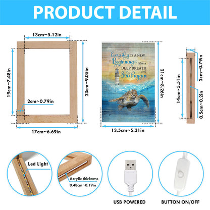 Everyday Is A New Beginning Sea Turtle Lighthouse Blue Ocean Frame Lamp Art - Christian Night Light - Bible Verse Wooden Lamp